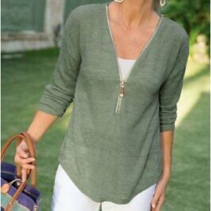 Soft Surroundings Valentina 1/2 Zip Sweater, gold tone zipper: Size L - XL